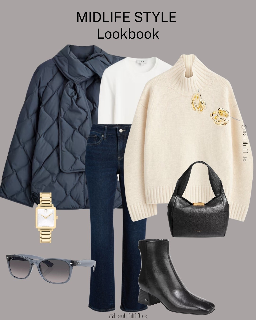 Midlife style 
Jacket with scarf, sweater, tee, watch, black handbag, black boots, dark denim


#LTKOver40 #LTKootd #LTKMidsize