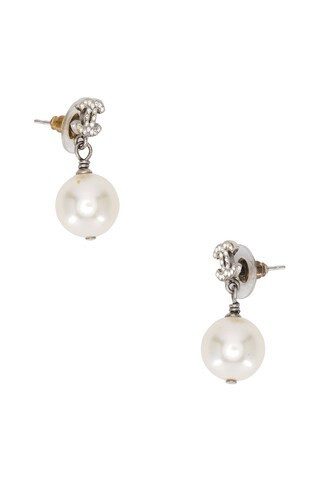 Chanel CC Rhinestone Pearl Earrings in Metallic Gold | FWRD 