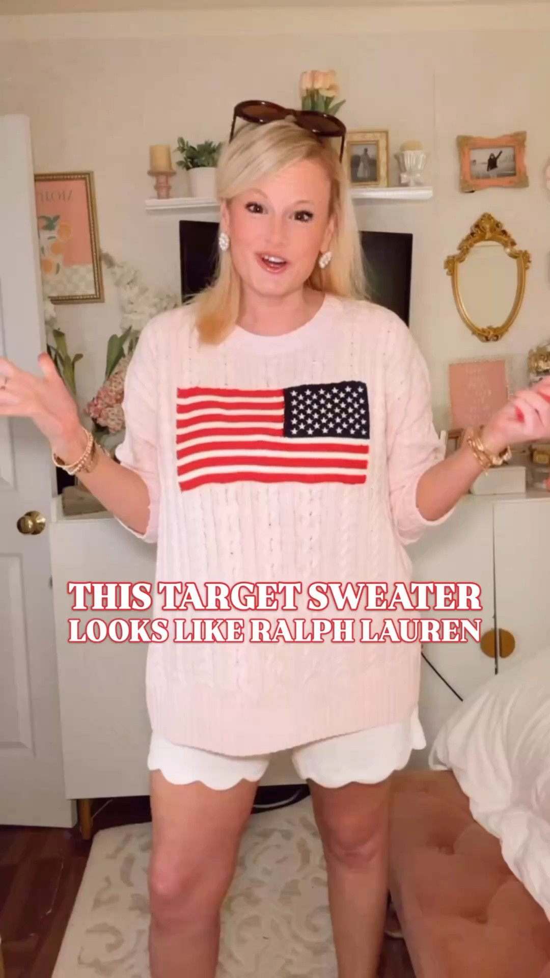 Ralph Lauren flag sweater look for less | Target flag sweater | Americana sweater | Fourth of July outfit | patriotic sweater

This Target flag sweater gives you the Ralph Lauren flag sweater look for $35, and the cable knit detail makes it feel so much more elevated.

The classic American flag across the front, crew neckline, ribbed cuffs, below-waist length, and cotton recycled polyester cable knit fabric give it that preppy Americana look women love from the $398 Ralph Lauren flag sweater, just at a Target price.

I’m in a large for a comfy fit. Available in 4 colors.

These Target Americana sweaters have already gone viral and sold out multiple times, which makes sense because they are such an easy throw-on piece for Memorial Day weekend, Fourth of July outfits, lake weekends, beach trips, boat days, cookouts, fireworks, school events, summer nights, fall football games, and casual everyday outfits.

Style it with light wash denim, white jeans, chino shorts, denim shorts, a tennis skirt, white sneakers, gold sandals, or layered over your shoulders with a button down for that classic Ralph Lauren inspired preppy summer look.

If you love Ralph Lauren style, flag sweaters, Americana outfits, patriotic outfits, preppy sweaters, cable knit sweaters, Target fashion finds, and designer inspired looks for less, this is one of the strongest Target sweater finds right now.

Ralph Lauren flag sweater look for less, Ralph Lauren inspired sweater, Target flag sweater, Target sweater, Americana sweater, American flag sweater, patriotic sweater, flag sweater women, cable knit sweater, pink flag sweater, Fourth of July sweater, Fourth of July outfit, Memorial Day outfit, patriotic outfit women, preppy sweater, preppy summer outfit, Target fashion finds, Wild Fable sweater, designer look for less

#LTKFindsUnder50 #FlagSweater #AmericanaStyle #TargetFinds #TargetStyle #LookForLess #RalphLauren #NewEnglandSummer

#LTKSeasonal #LTKSwim #LTKootd