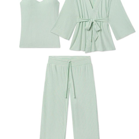 Maternity DreamModal® Kimono Three-Piece Set in Parisian Green Pencil Stripe | Lake Pajamas