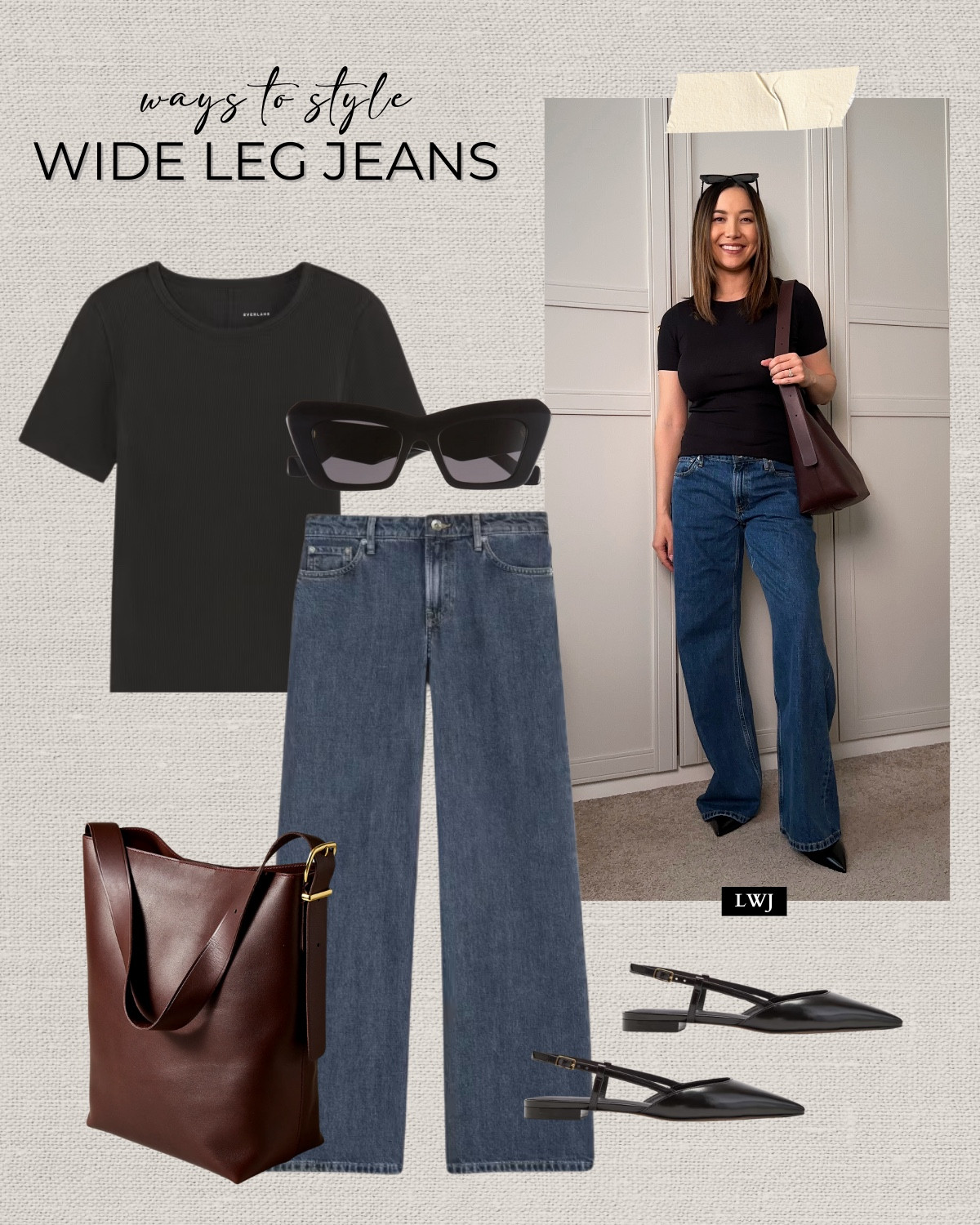 Styling wide leg jeans for spring 

Ribbed top 
Low rise jeans 
Tote bag 
Slingbacks 
Sunglasses 

Casual style 

#LTKStyleTip #LTKSeasonal