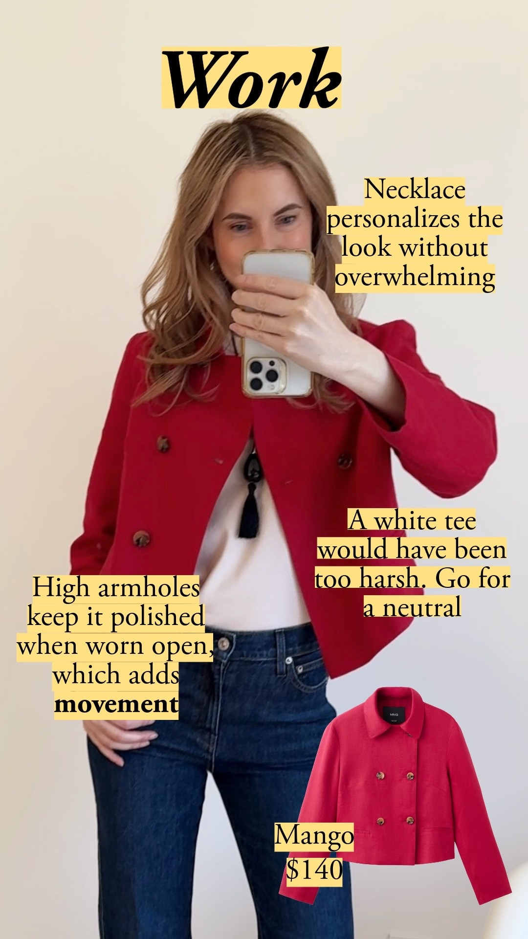 A cropped red linen jacket worn open adds movement over the same slim dark jeans, and a neutral tee keeps it from going harsh against the bold color. It stays polished because it's got high armholes, which allow your arms to move while staying in place. red cropped jacket, double breasted jacket, Mango jacket, tailored jacket, slim dark jeans, neutral tee, tassel necklace, work outfit, statement jacket, office look

#LTKootd