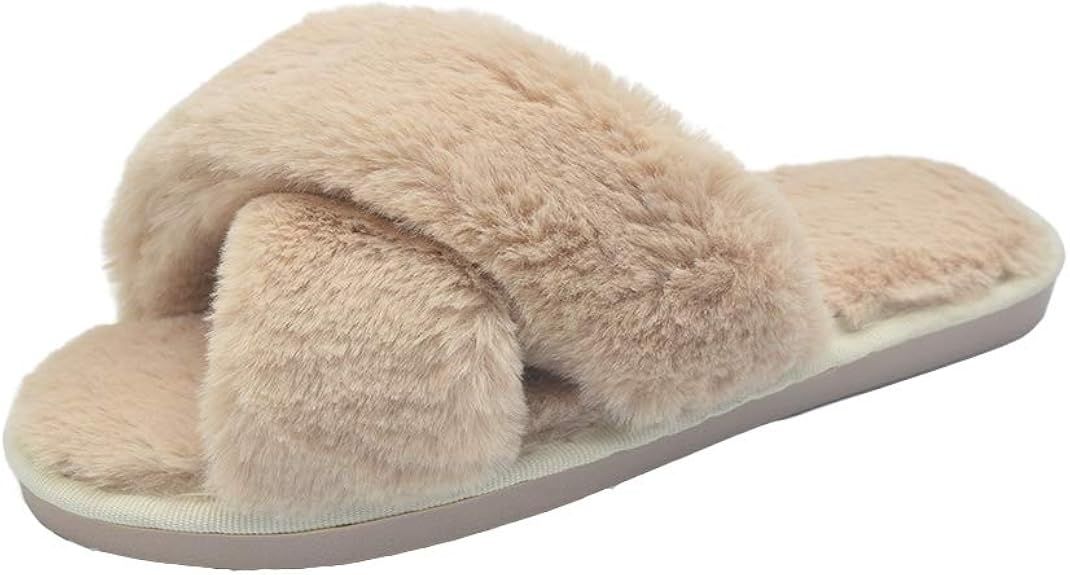 HUMIWA Womens Faux Fur Slippers Warm Fussy Flip Flop House Slippers Open Toe Home Slippers for Gi... | Amazon (US)