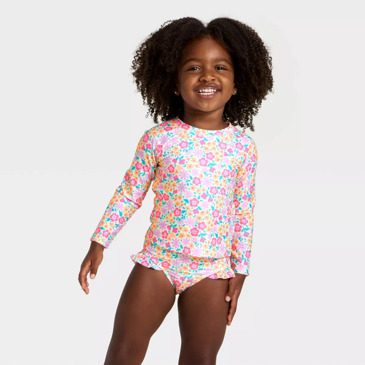 Toddler Girls' Long Sleeve Two Piece Multi Floral  Rash Guard Swimwear Set - Cat & Jack™ Cream | Target