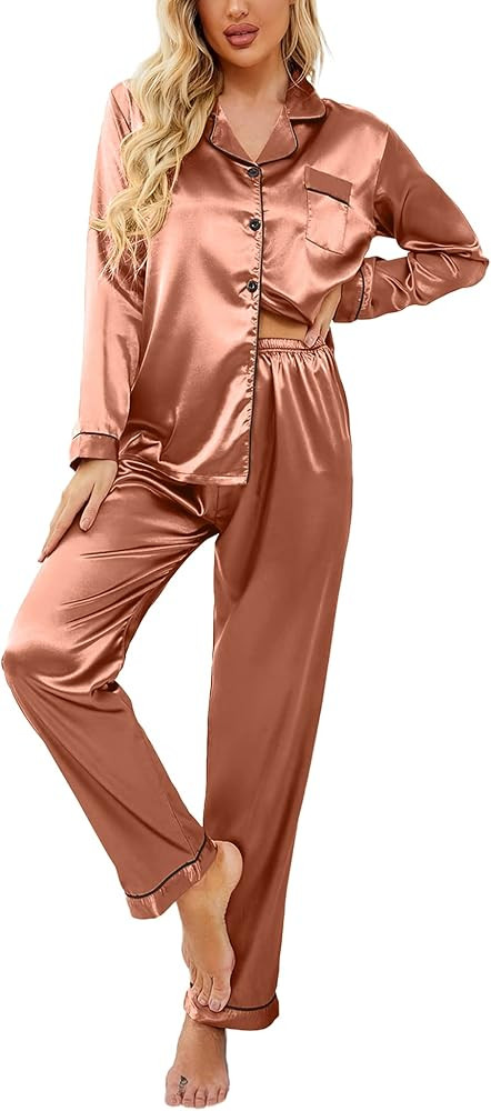 Ekouaer Women's Classic Button Down Long Satin Silk Pajama Set | Amazon (US)