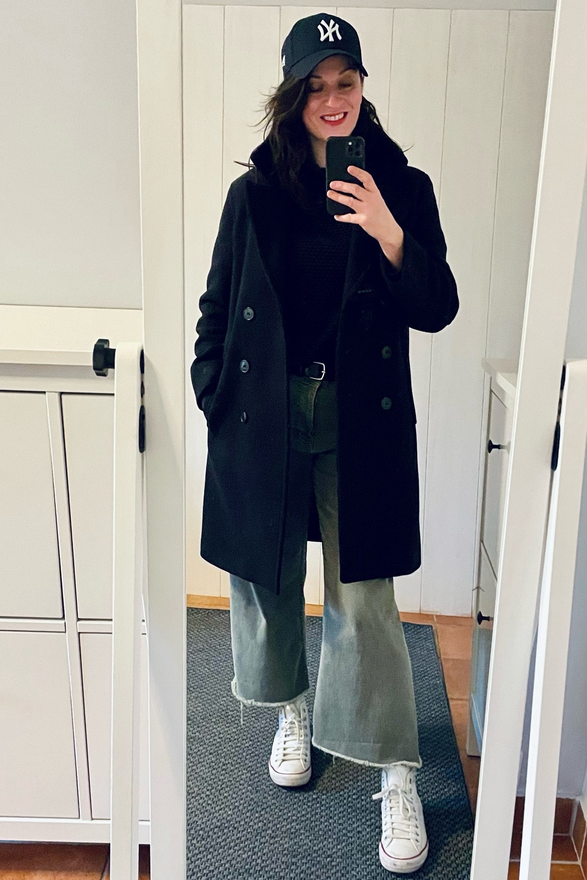 Navy baseball cap #newera / Midnight blue peacoat #pablo / Navy jumper #cos / Khaki barrel jeans #kiabi / White leather high tops #converse 

#LTKmidsize #LTKover40 #LTKeurope