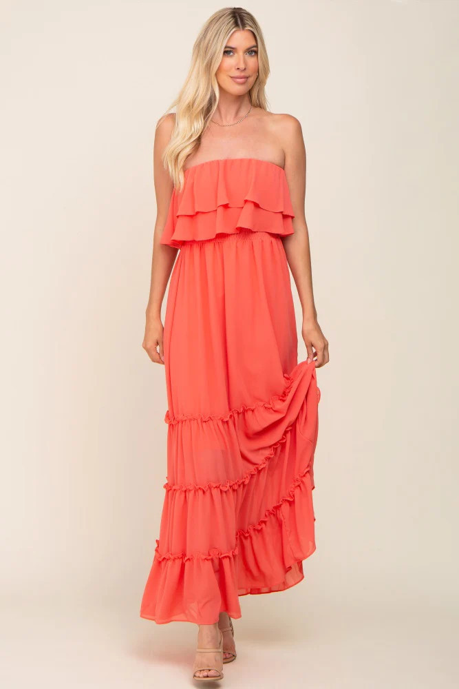Coral Chiffon Strapless Ruffle Tiered Maxi Dress | PinkBlush Maternity