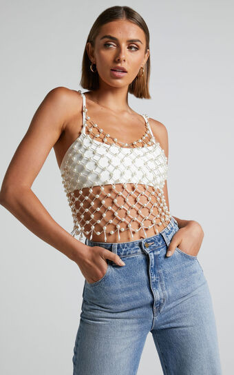 Cameron Pearl Beaded Mesh Top in Pearl | Showpo (US, UK & Europe)