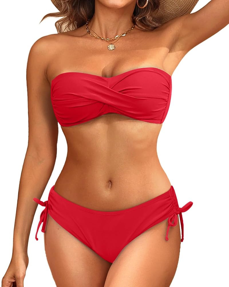 Women's Strapless Bandeau Bikini Set - Twist Front Two Piece Swimsuit Top with Side Tie Bathing S... | Amazon (US)