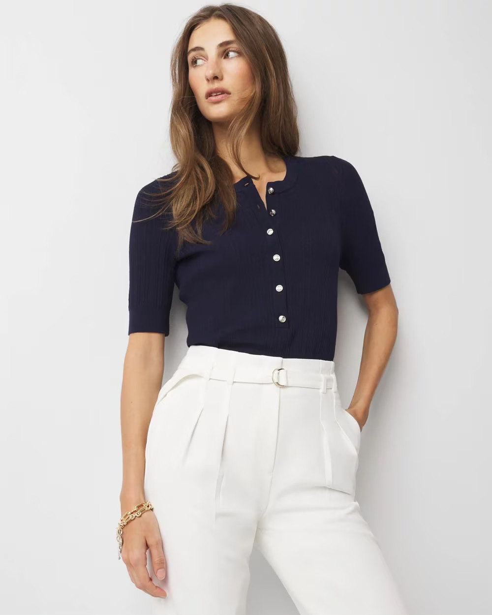 Elbow-Sleeve Henley Sweater | White House Black Market