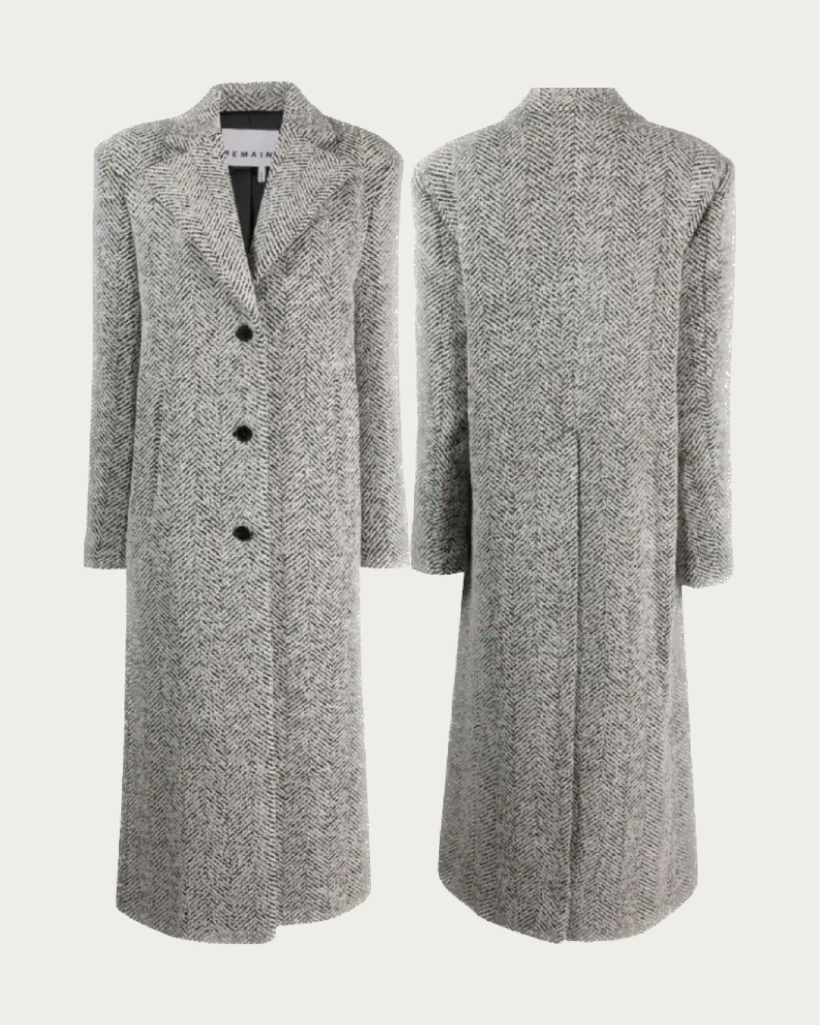 Grey REMAIN chevron-knit single-breasted coat perfect for work wear outdoor outfit for fall and winter season. Long knit coat with black buttons.

#LTKSeasonal #LTKstyletip