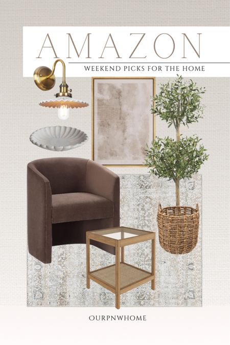 Top Amazon home finds of the weekend!

Brown accent chair, barrel chair, armchair, living room furniture, Amazon furniture, square end table, accent table, glass top table, side table, decorative basket, faux topiary, faux greenery, abstract wall art, geometric wall art, neutral wall art, scalloped bowl, trinket dish, washable area rug, light green rug, wall sconces, lighting fixture, home decor

#LTKHome #LTKStyleTip #LTKSeasonal