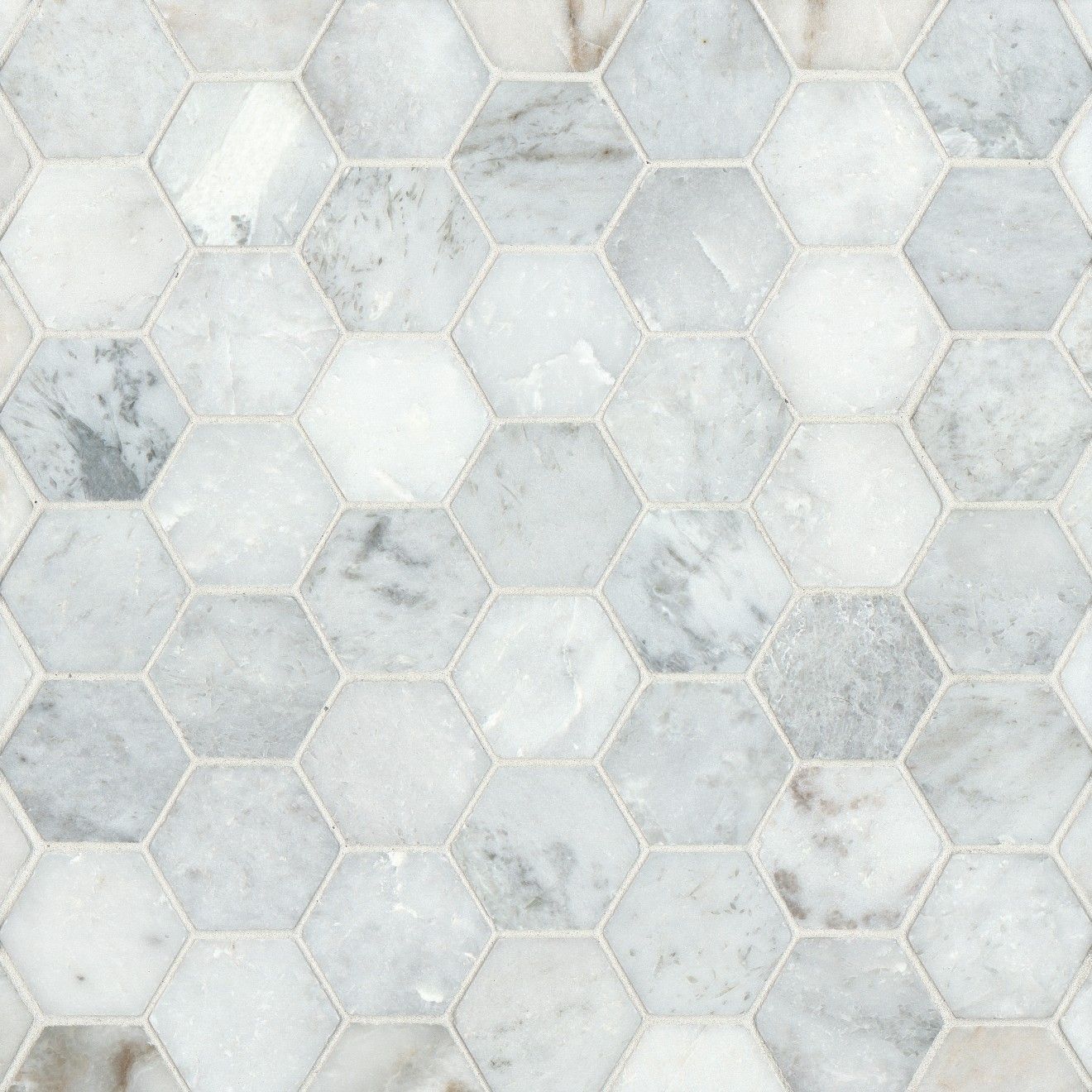 Glorious White Brushed 2" Hexagon Mosaic in White | Bedrosians Tile & Stone