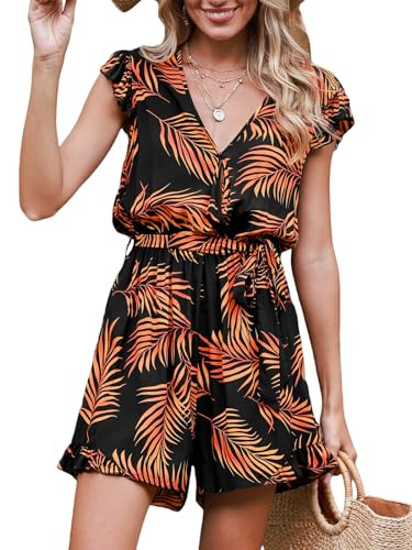 CUPSHE Women's Romper Tropical Flutter Sleeve Boho Overall V Neck Wide Leg Outfit Casual Beach | Amazon (US)