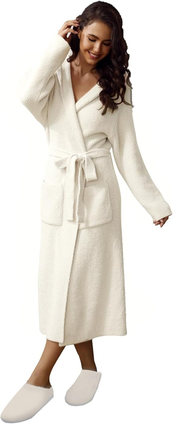 MH MYLUNE HOME Ultra Soft Robe With Pockets, Spa Bathrobe Loungewear Calf-Length, Plush Fuzzy Flu... | Amazon (US)