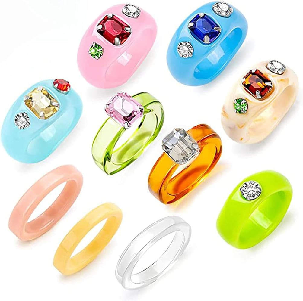 SEVENSTONE 9Pcs Resin Retro Acrylic Colorful Chunky Ring Cute Trendy Colorful Rhinestone Y2k Jewe... | Amazon (US)
