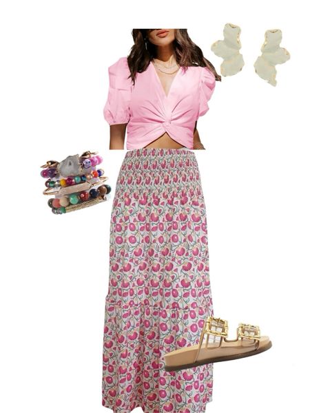 Maxi skirt, pink top, flat sandals, natural stone bracelet stack 

#LTKFindsUnder50 #LTKFindsUnder100 #LTKOver40