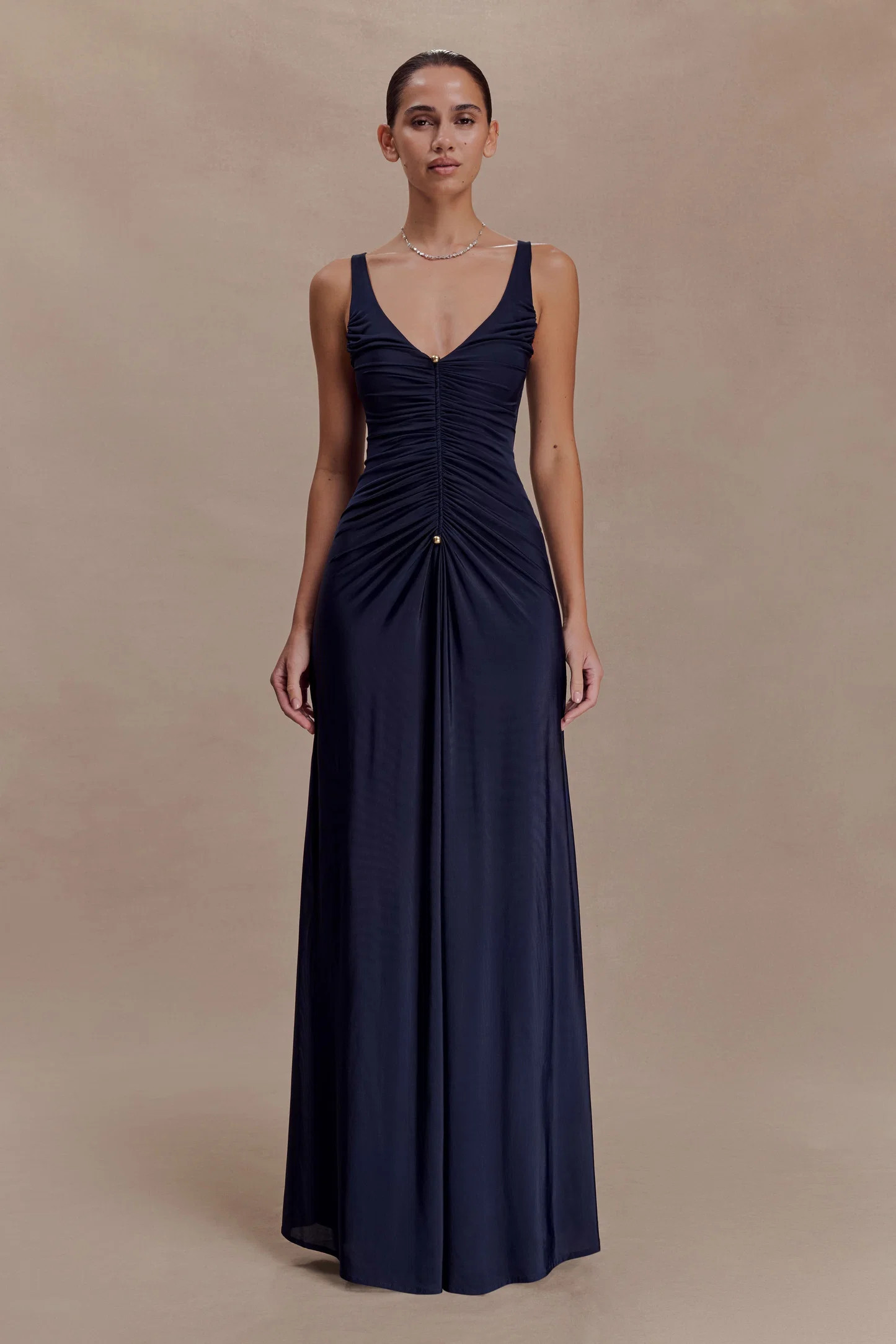 Perrie Slinky Ruched Maxi Dress - Ink Blue | MESHKI US