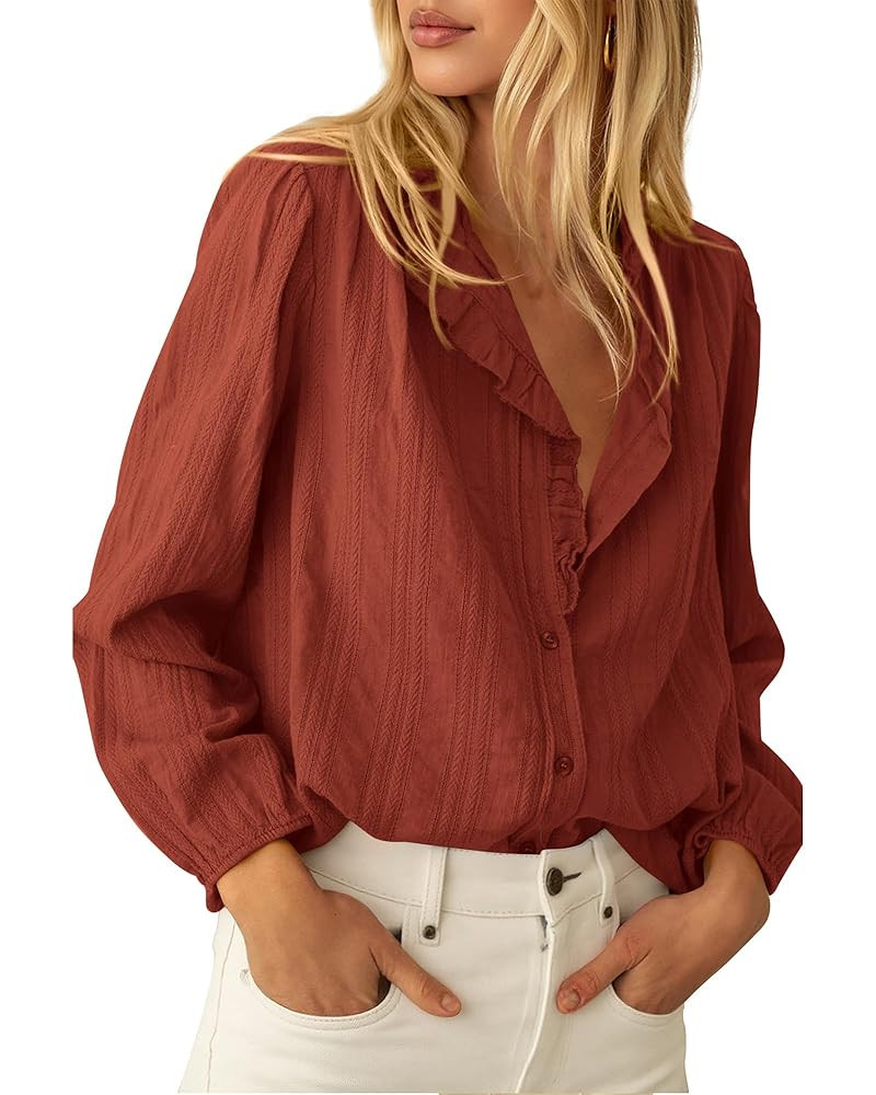 BTFBM Long Sleeve Shirts for Women Fall Outfits 2025 Dressy Casual Ruffle Button Down Shirt Loose... | Amazon (US)