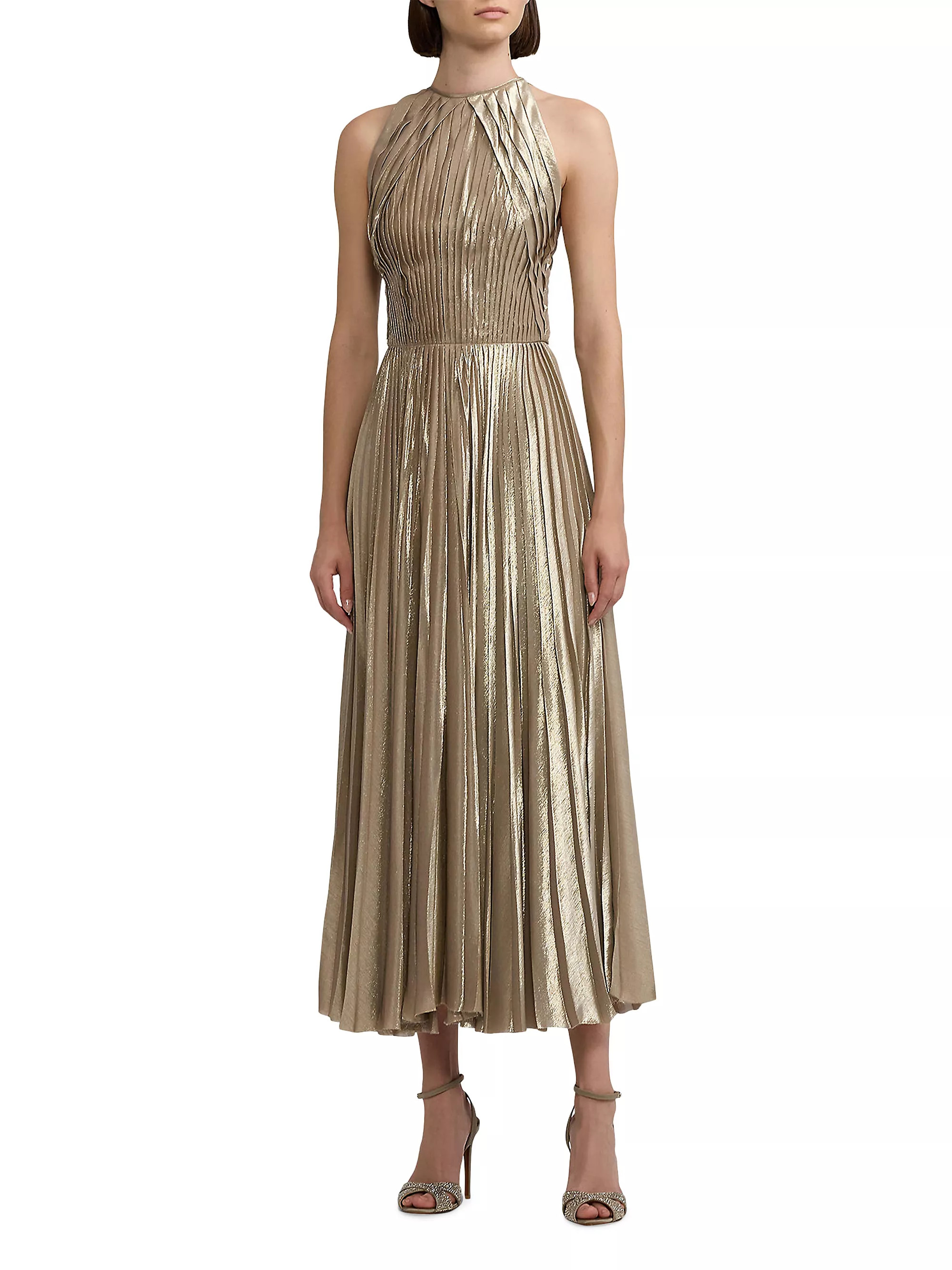 Shop Ralph Lauren Collection Abigail Metallic Pleated Midi-Dress | Saks Fifth Avenue | Saks Fifth Avenue