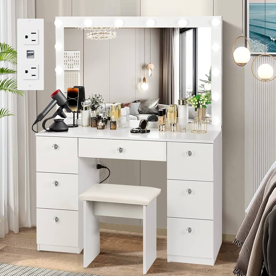 SMOOL Vanity with Lighted Mirror, Makeup Vanity Desk with Power Outlet and LED Bulbs, 3 Color Lig... | Amazon (US)