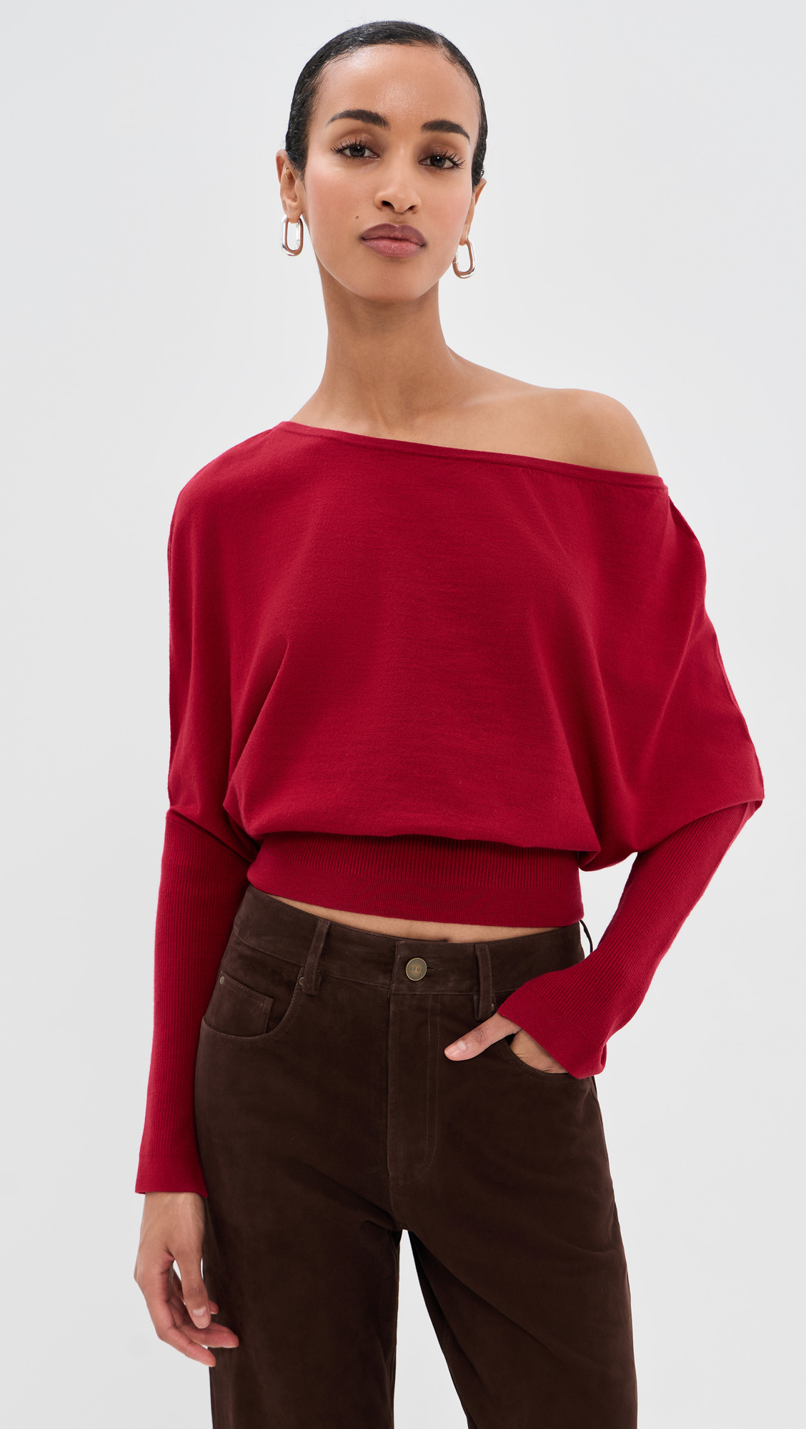 SIMKHAI Lavina Draped Off Shoulder Sweater Lipstick XS | Shopbop