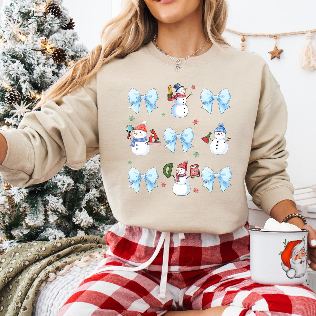 Snowman Teacher Christmas Sweatshirt, Coquette Bow Teacher Xmas T-shirt, Santa's Favorite Teacher... | Etsy (US)