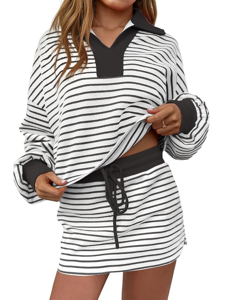 Fisoew Womens Striped 2 Piece Outfits Casual Sweatshirt Skirt Set Long Sleeve Skort Workout Set M... | Amazon (US)