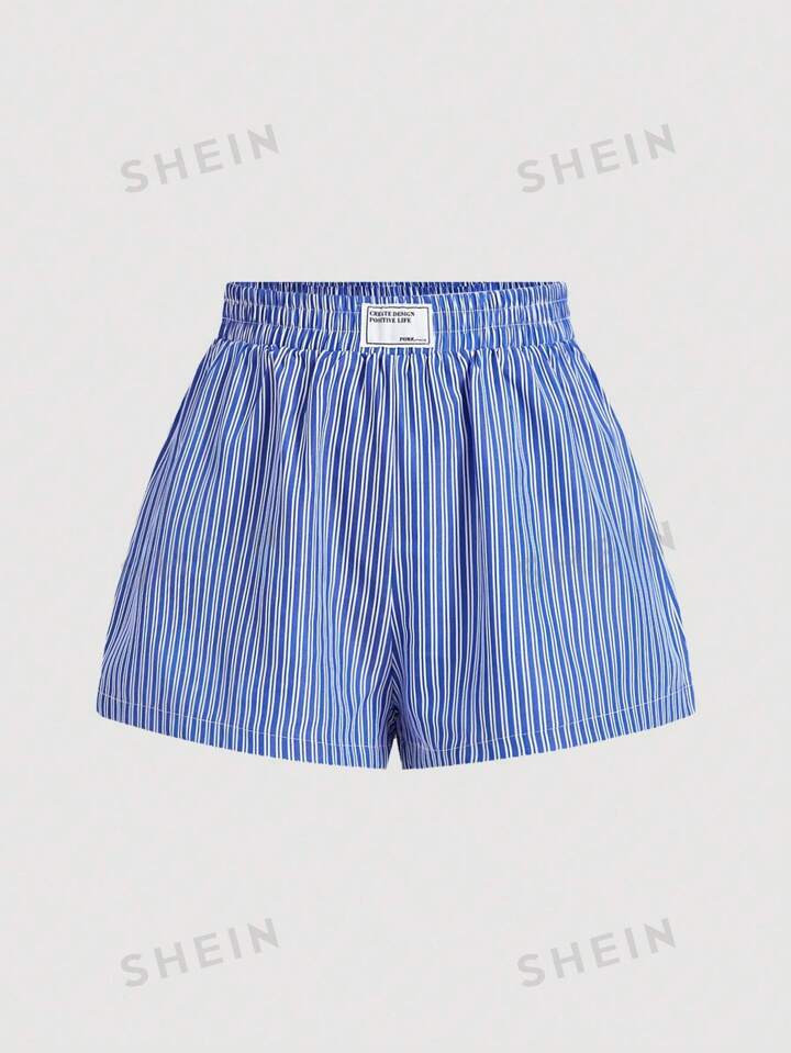 SHEIN MOD Women's Blue & White Striped Elastic Waistband Shorts With Alphabet Badge Decoration | SHEIN