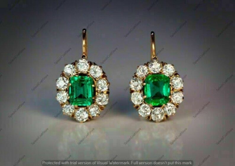 Vintage 2.50 Carat Emerald Cut Green Emerald & Diamond 14K Yellow Gold Finish Flower Drop And Dan... | Etsy (US)