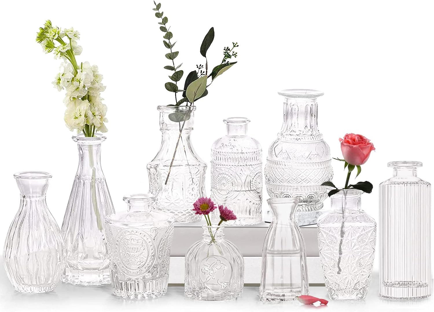 Glass Bud Vase Set of 10 - Small Flower Vases for Centerpieces, Cute Clear Crystal Bud Vases in B... | Amazon (US)