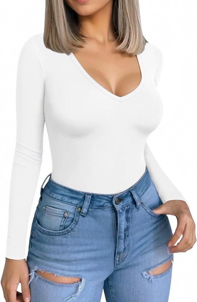MANGOPOP Womens Deep V Neck Long Sleeve Fleece Lined Slim Fit T Shirt Tops Tee | Amazon (US)