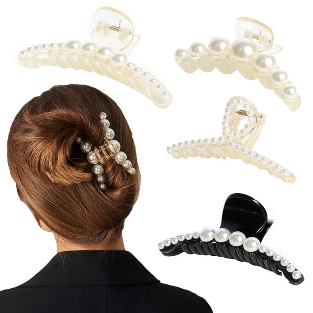 Black White 4 Pack Pearl Hair Claw, Strong Hold Hair Jaw Clips, Big Hair Barrettes Clips Nonslip ... | Walmart (US)