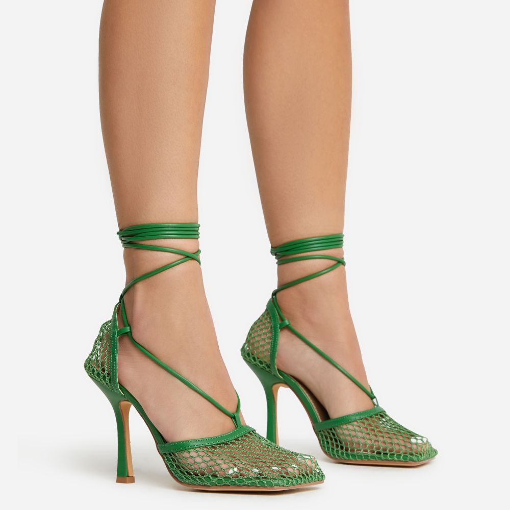New-Me Lace Up Square Toe Court Heel In Green Fishnet | EGO Shoes (US & Canada)