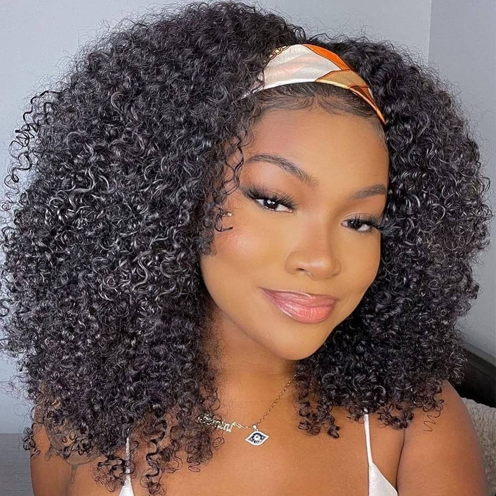 ISEE Hair Afro Kinky Curly Headband Wig Human Hair 180% Density Afro Wigs for Black Women Natural... | Amazon (US)