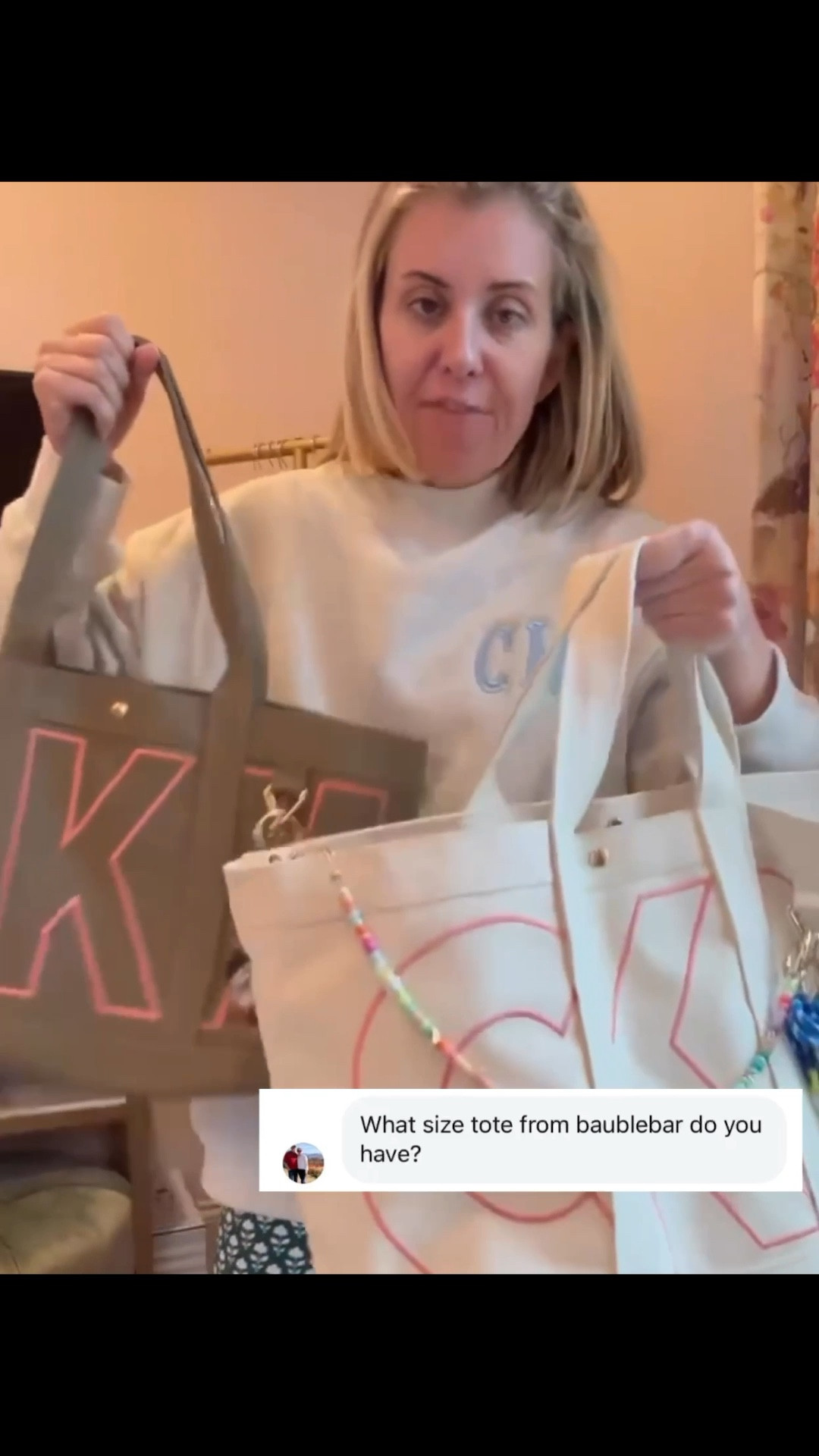 Lots of questions about these monogram totes! I’m showing you the large vs the medium size. Baublebar is 20% off custom orders and 25% off everything else. Now is the time to grab that tote or beaded necklace you’ve been eyeing. The sale runs through Sunday night. 
I’ll link a couple more of my favorite monogrammed totes & sweatshirt I’m wearing here.
*Use code Catherine10 on my sweatshirt 