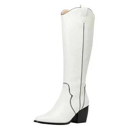 Dream Pairs Womens Cowboy Boots Comfortable Pull On Zipper Chunky Heel Pointed Toe Embroidered Weste | Walmart (US)