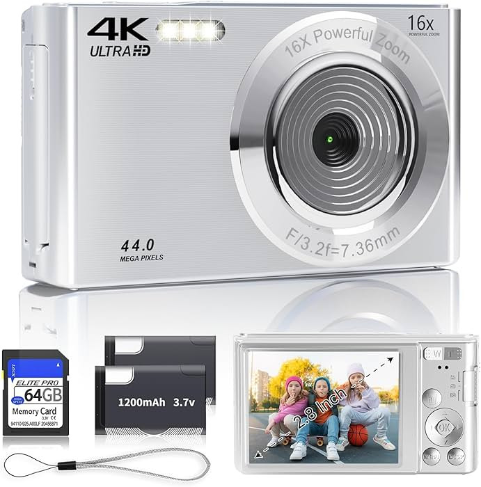 Digital Camera 2024 4K 44MP Digital Cameras for Teens, Silver Digital Point and Shoot Camera for ... | Amazon (US)