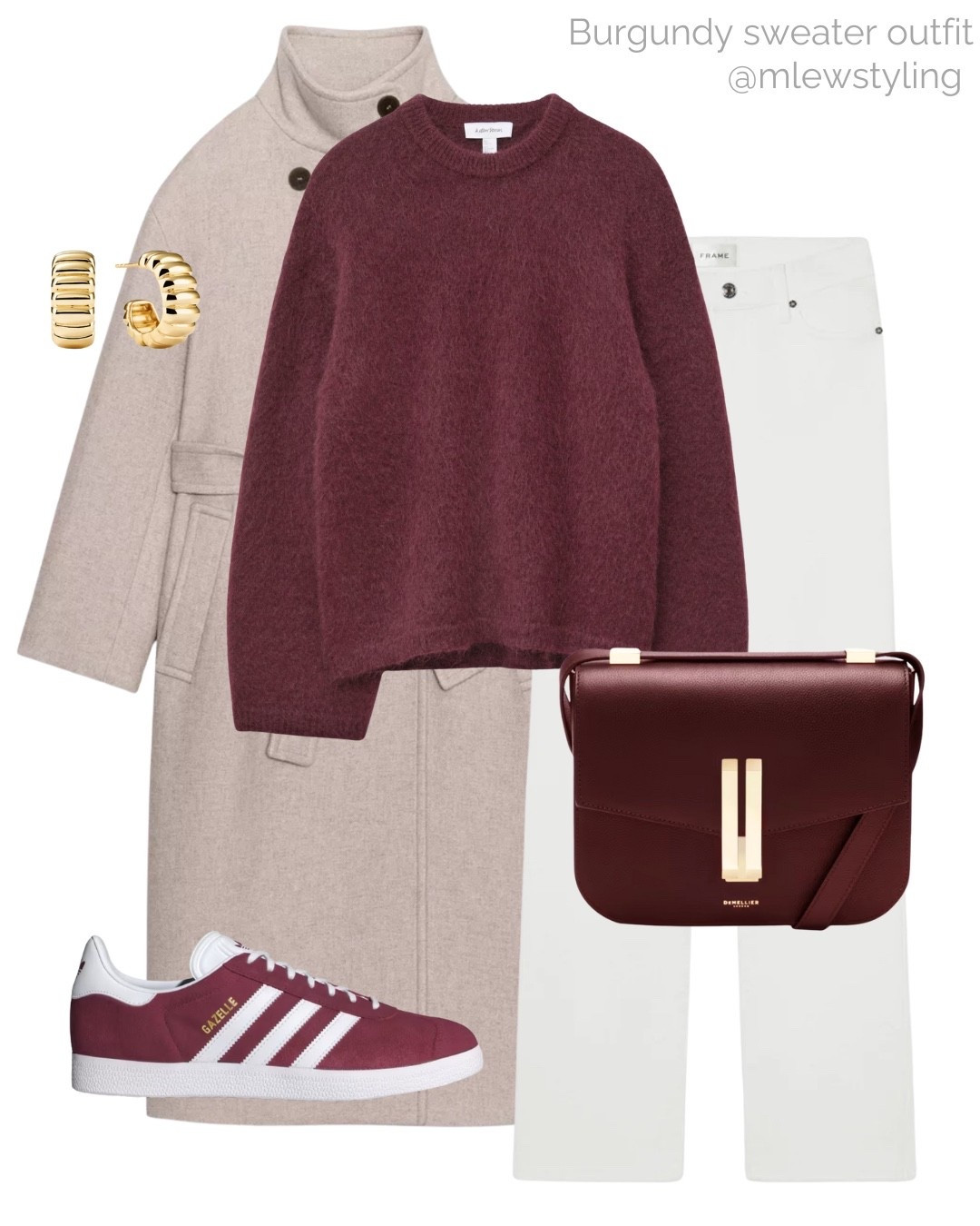 Fall and winter outfit with a burgundy sweater 🤍

Tags: & other stories mohair knit, Zara wool coat, white jeans, frame denim, burgundy adidas gazelle sneakers, DeMellier Vancouver bag, gold hoop earrings

#LTKSeasonal #LTKootd #LTKHoliday