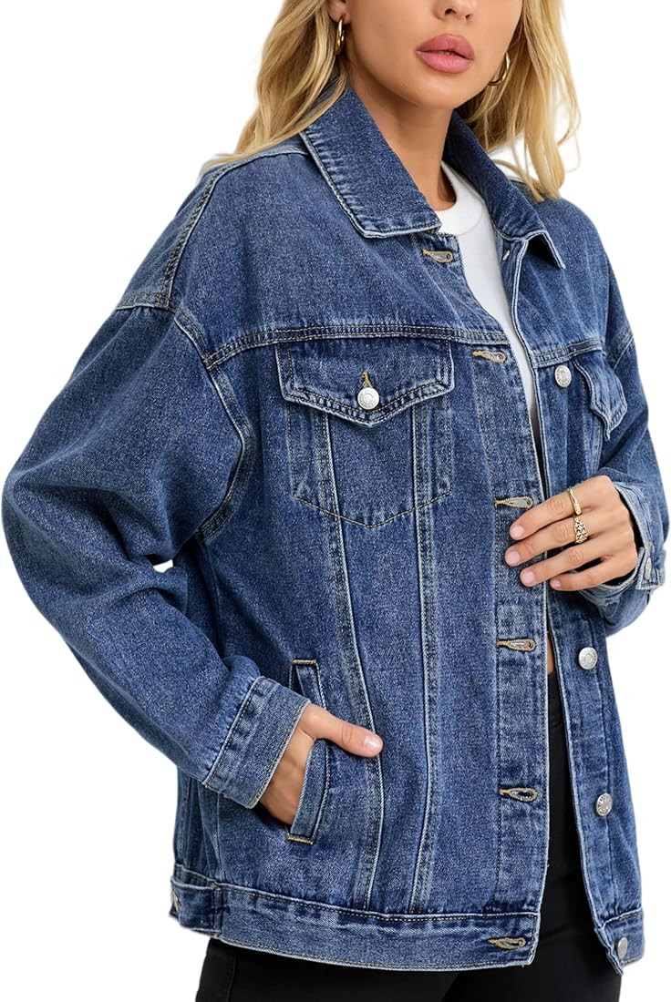 Denim Jacket For Women, Oversize Trendy Womens Jean Jacket, Lightweight Ladies Jean Trucker Jacke... | Amazon (US)