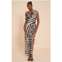 Brown Zebra Printed Chiffon Drape Detail Maxi Dress | PrettyLittleThing US