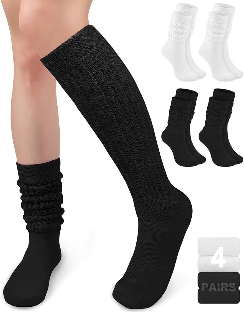 BLONGW 4 Pairs Slouch Socks Women Knit Knee High Boot Socks Warm Cozy Cotton Long Scrunch Socks | Amazon (US)