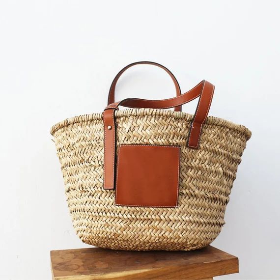 Basket Bag with PU Leather Patch & Adjustable Straps | Etsy (UK)