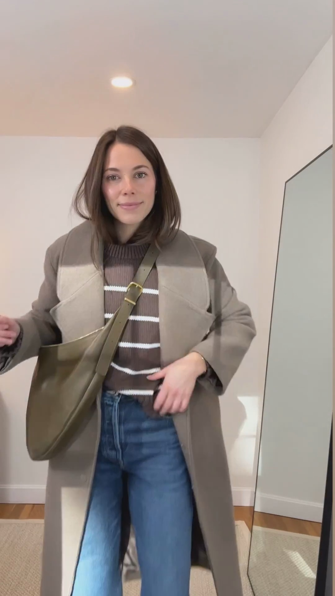 Sweater is sold up but you can sign up for a restock. I find it runs very small so I sized up to a large. Coat runs TTS in a small. Jeans my exact wash are no longer available but linked style. Run TTS in a 26. Sneakers run TTS and so comfy! Bag is sold out in this color but linked style in other colors.

#LTKSeasonal #LTKootd #LTKFindsUnder100