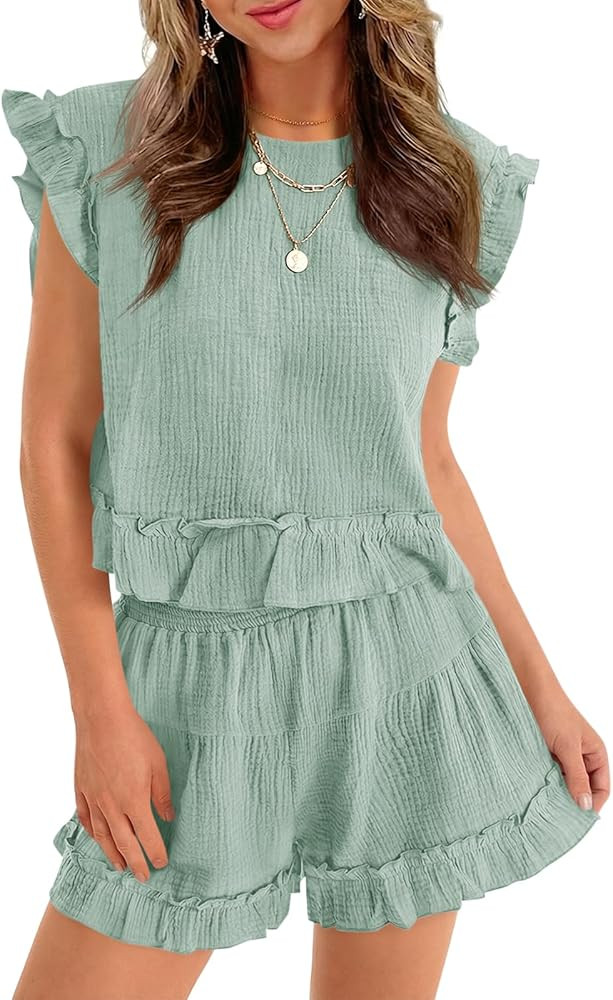 Cicy Bell Womens Summer 2 Piece Sets Ruffle Cap Sleeve Crewneck Cropped Tops Elastic Waist Shorts... | Amazon (US)