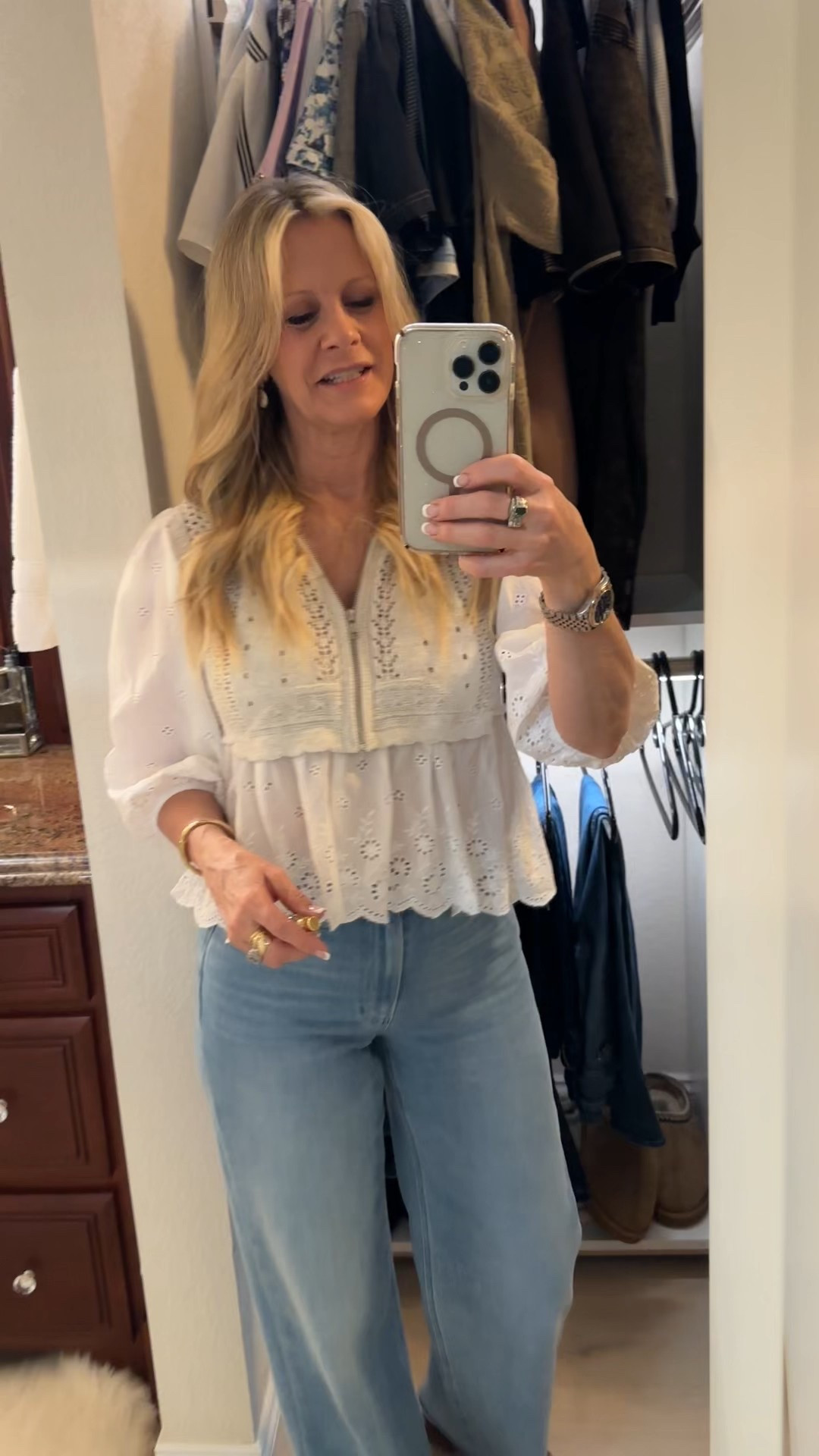 OOTD - Denim day with a splash of eyelet. Wearing an XS top and 26 jeans. 

Red Carpet of Life, LTK over 50, summer outfit 

#LTKWorkwear #LTKStyleTip