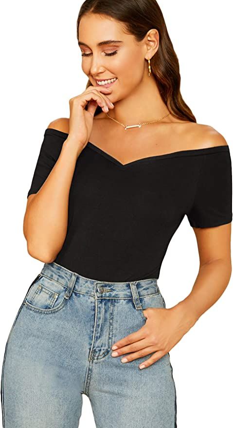 SheIn Women's Sexy Off Shoulder Tee Top Short Sleeve V Neck Ribbed Knit T Shirt | Amazon (US)