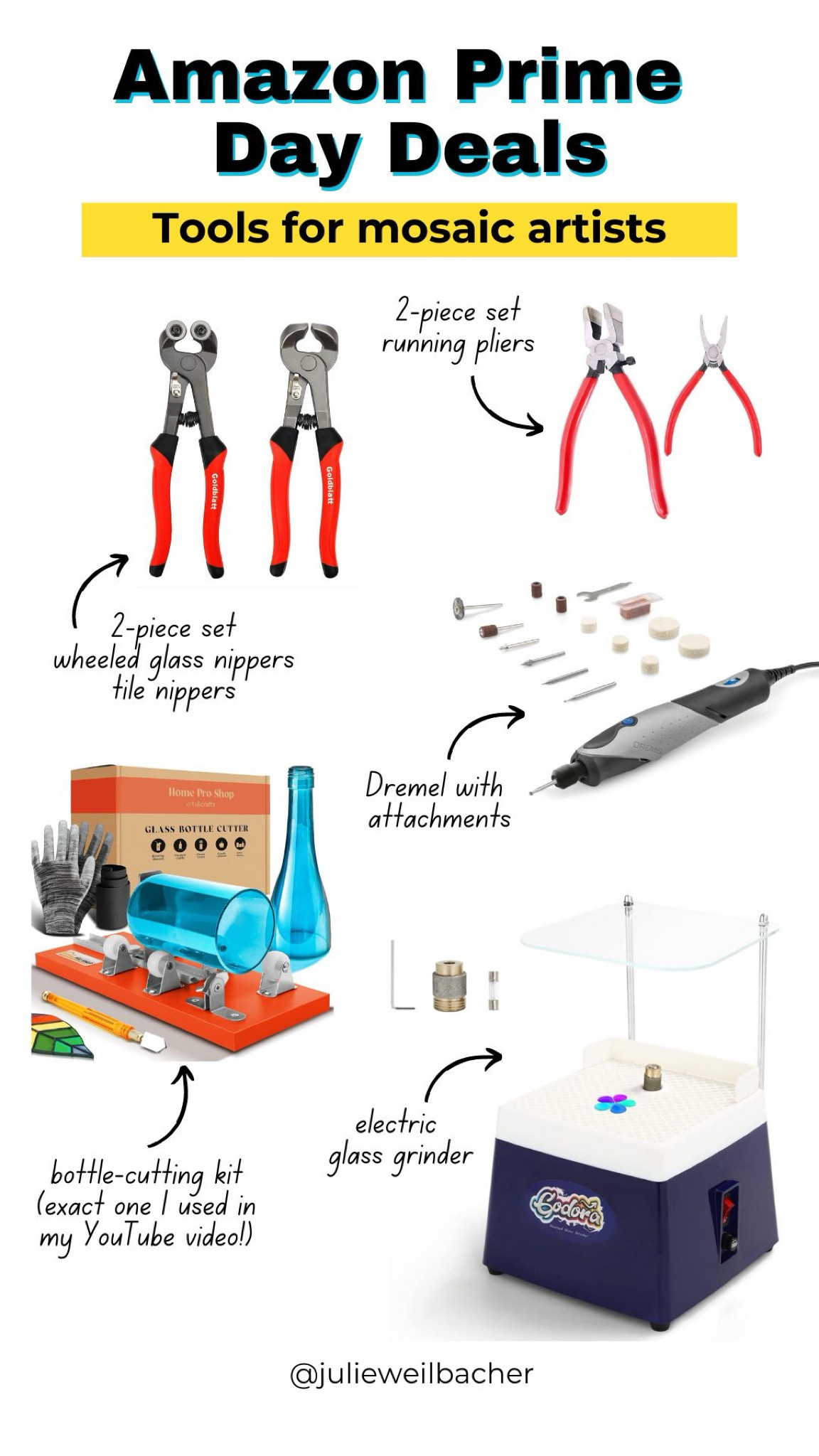 Sharing Amazon Prime Day deals for mosaic artists. ⭐️ This collection includes tools. ⭐️ For mosaic tips, tutorials, inspiration, and so much more please visit my YouTube channel: YouTube.com/julieweilbacher. Follow @julieweilbacher on Instagram for all things mosaic art. tools - Amazon Prime Day deals - mosaic - bottle art - Dremel - craft tools - mosaic art - craft supplies - glass crafts - tile crafts

#LTKHome #LTKSaleAlert #LTKFindsUnder100