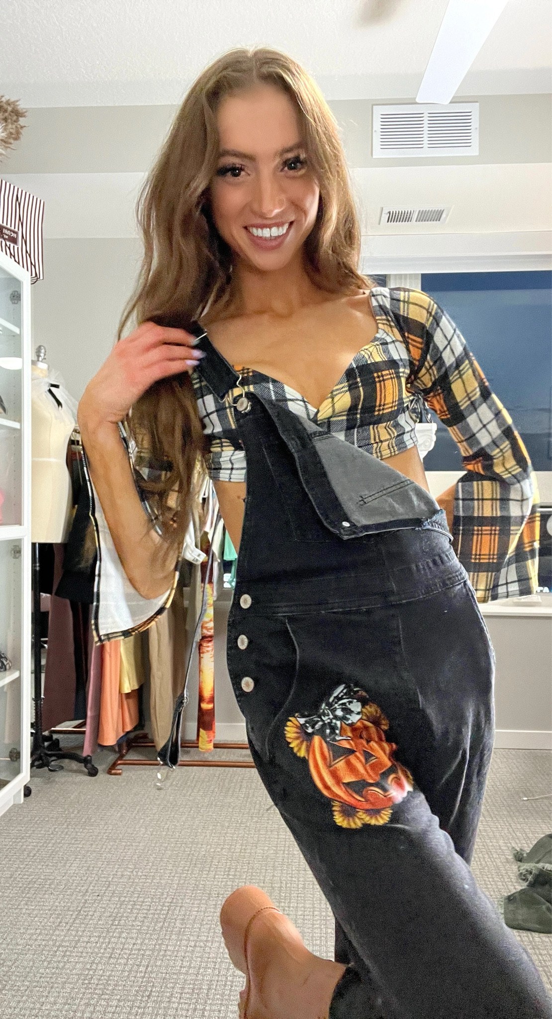 Fall is here! 
Festive overalls in preparation for pumpkin patches are necessary 🧡🍂🤎🎃 
Luvamia Amazon 
Fall style 
Fall overalls 
Halloween overalls 
Pumpkin overalls 
Plaid crop top 
Fall boots 
#ad 

#LTKunder50 #LTKSeasonal #LTKunder100