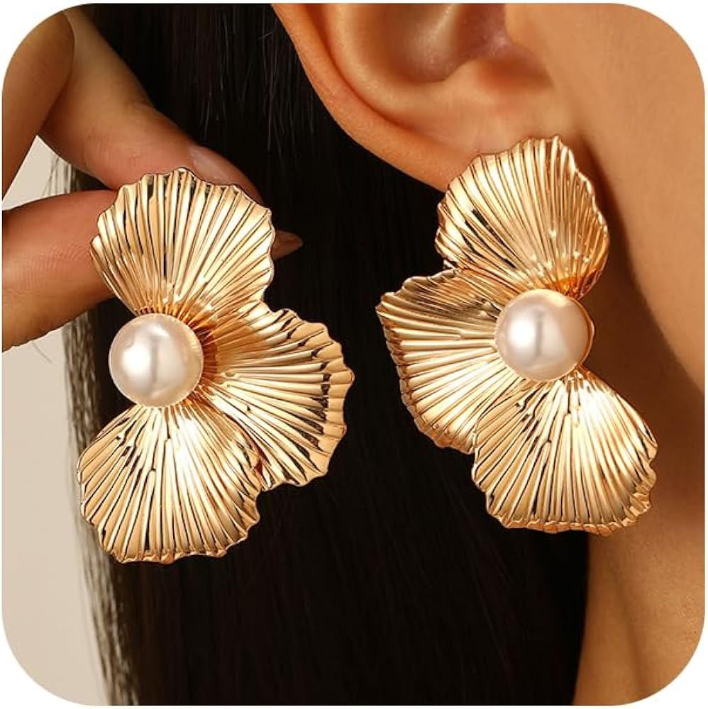 Chunky Gold Flower Pearl Dangle Earrings Dainty Large Floral Leaf Pearls Drop Dangly Earring for ... | Amazon (US)